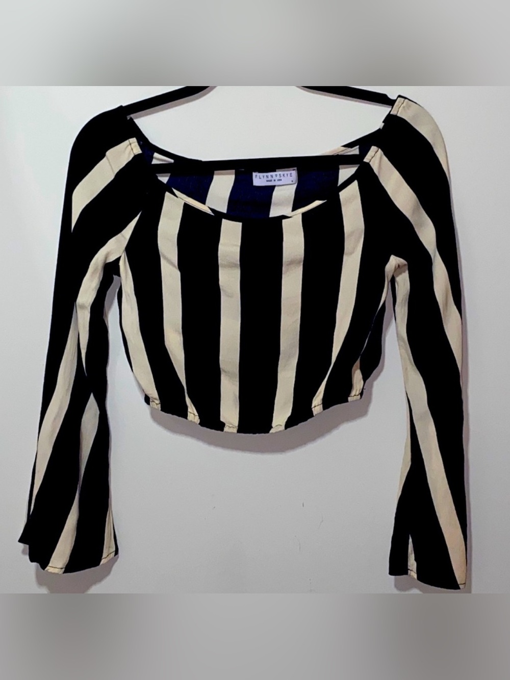 Flynn Skye Black White Stripe Long Sleeve Crop Top S  Retro Bell Sleeve